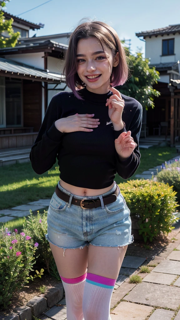 ((Foto von "Ruby Rose Langenheim" on a large picnic blanket)), (((white panty under the black miniskirt))), ((she smiles seductively at the viewer))