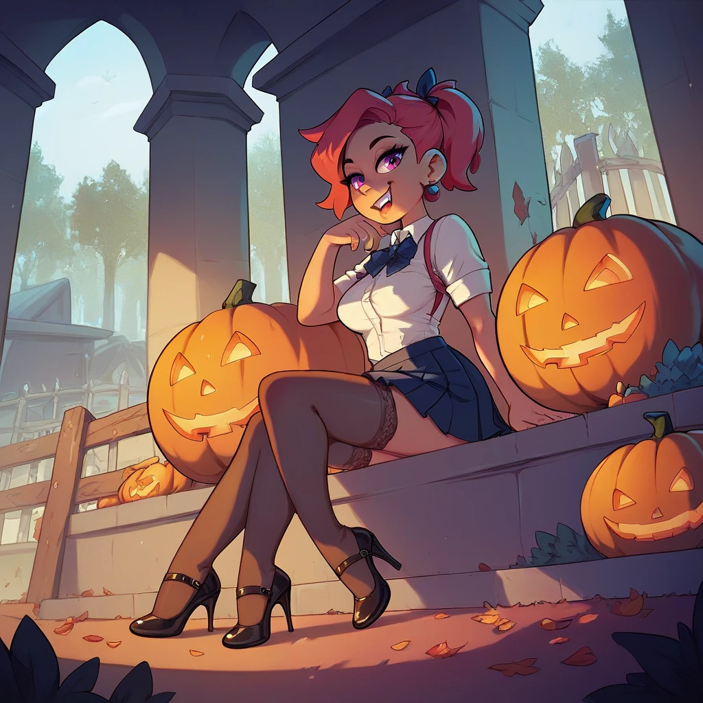 girl in short school skirts , neckline,  stockings,  high heels, Sitting on a pumpkin in the cemetery at midnight 