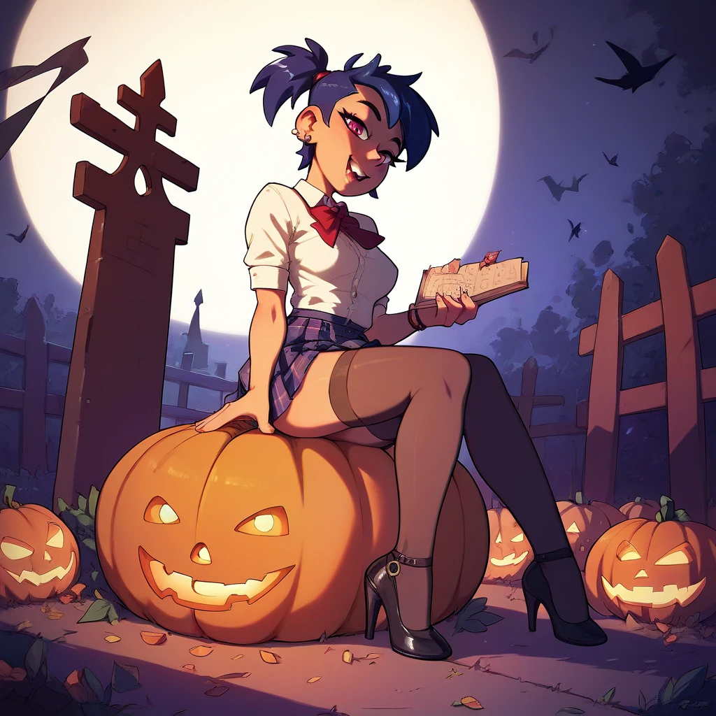 girl in short school skirts , neckline,  stockings,  high heels, Sitting on a pumpkin in the cemetery at midnight 