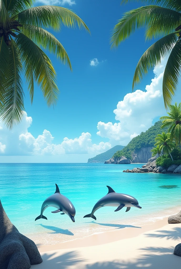 dolphins swimming in a bay near a dune with coconut trees and swallows flying overhead on a stylish late afternoon 