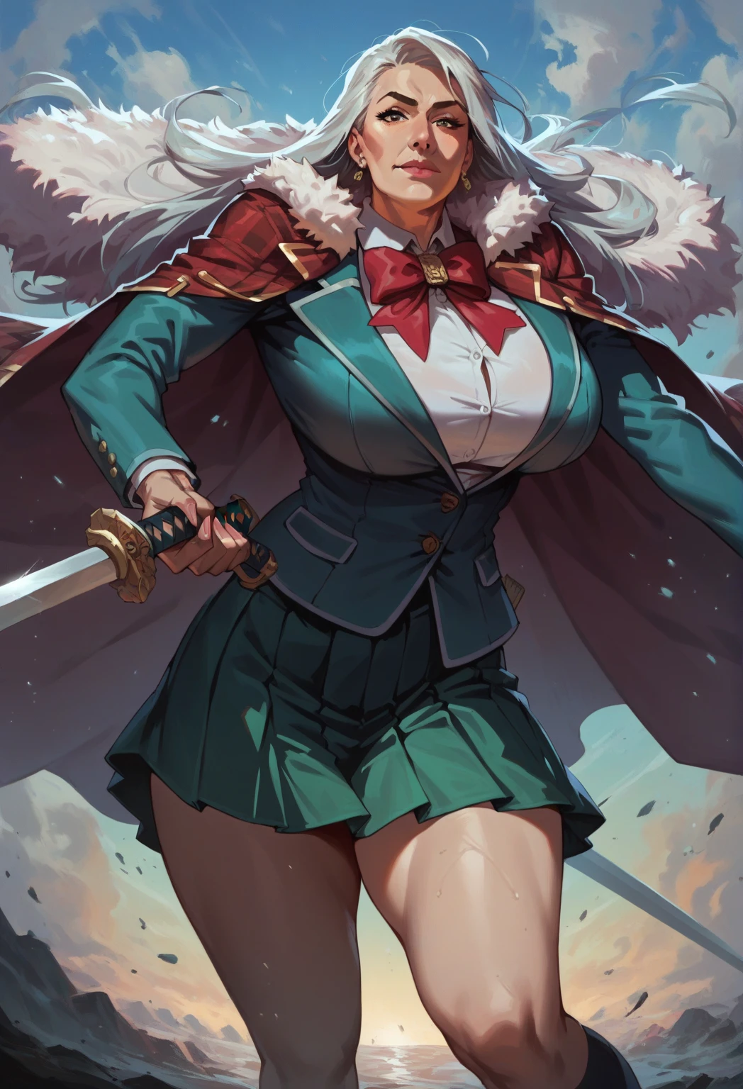 A portrait image of a tall, toned, buff, burly, muscular, thick arms, thick legs, mature woman, milf, gilf.  skirt, shirt, long sleeves, bow, school uniform, jacket, white shirt, pleated skirt, collared shirt, bowtie, red bow, plaid, capelet, blazer, green skirt, green jacket, long cape, fur trimmed cape, holding weapon, huge weapon, huge sword.  Looking at pov.  Huge breasts. big ass. Very detailed, highly detailed, High quality, High resolution.