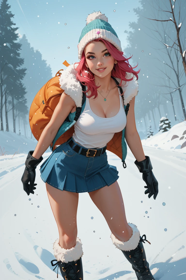 Hottest female in a winter hat, snow falling in background she’s wearing a tank top with fur lining. She has on a micro skirt with a big black belt. She has on snow boots she’s as pretty as she comes.