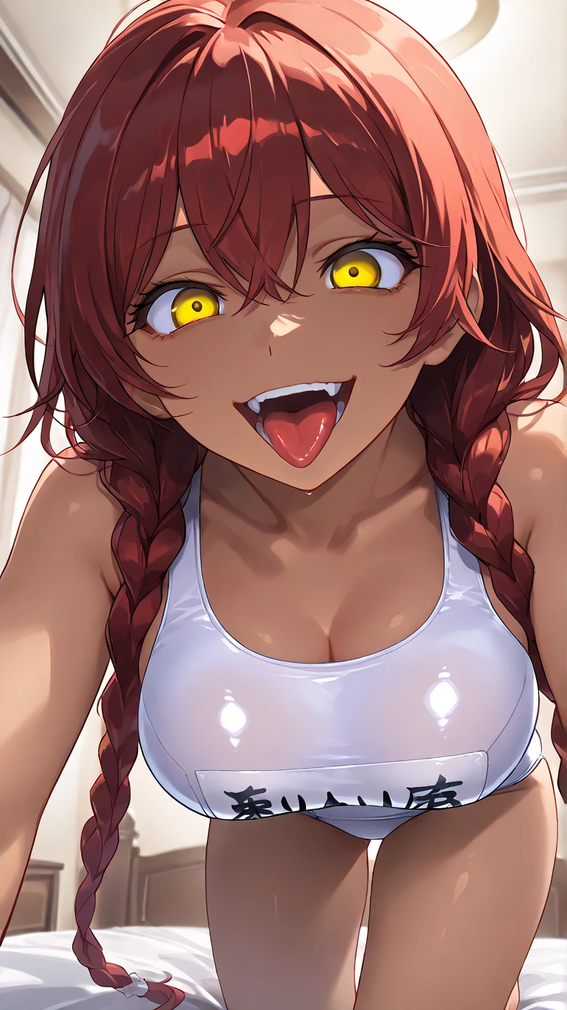 ,  High Quality , 最 High Quality , masterpiece,  high res, detailed face , anatomically correct , 
 yellow eyes,  red hair,  braids,,  in a swimsuit , 1 girl, solo, Dark Skin, brown skin, adult woman, Beautiful Women,Beauty,
,bedroom,On the bed
( white school swimsuit ),

 close-up, from your hand and direct your gaze, Medium build,accurate, slightly larger breasts,
lying face down on the bed ,Pretty limp ,
 open her mouth ,Up to the thighs,Draw her in a larger size,Crazy look, mischievous face ,tongue, staring at me , frowns, staring with thin eyelids,Eyes on garbage, contemptuous eyes ,  protrudes from the screen,  part of the picture sticks out of the frame,  close-up
下からのアングル, lower angle 
