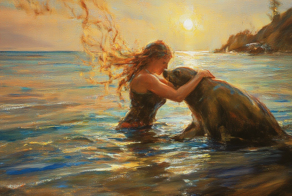 A beautiful oil painting capturing the Sabian Symbol for Aries 1 degree: "A woman rising from the water, embraced by a seal." The scene is set in a serene and mystical coastal environment. The woman is graceful and strong, emerging from the clear, shimmering water, her long, flowing hair cascading around her as she rises. The seal, with its smooth, glistening fur, affectionately wraps its flippers around her, creating a sense of connection and tenderness. The setting sun casts a warm golden glow over the scene, highlighting the delicate balance of nature and the bond between the two beings. The oil painting should have rich textures, soft brush strokes, and a dreamlike quality, evoking emotions of renewal, unity, and peaceful harmony. The colors should be warm, with shades of blue for the water, soft earth tones for the sand, and golden hues for the sunlight.