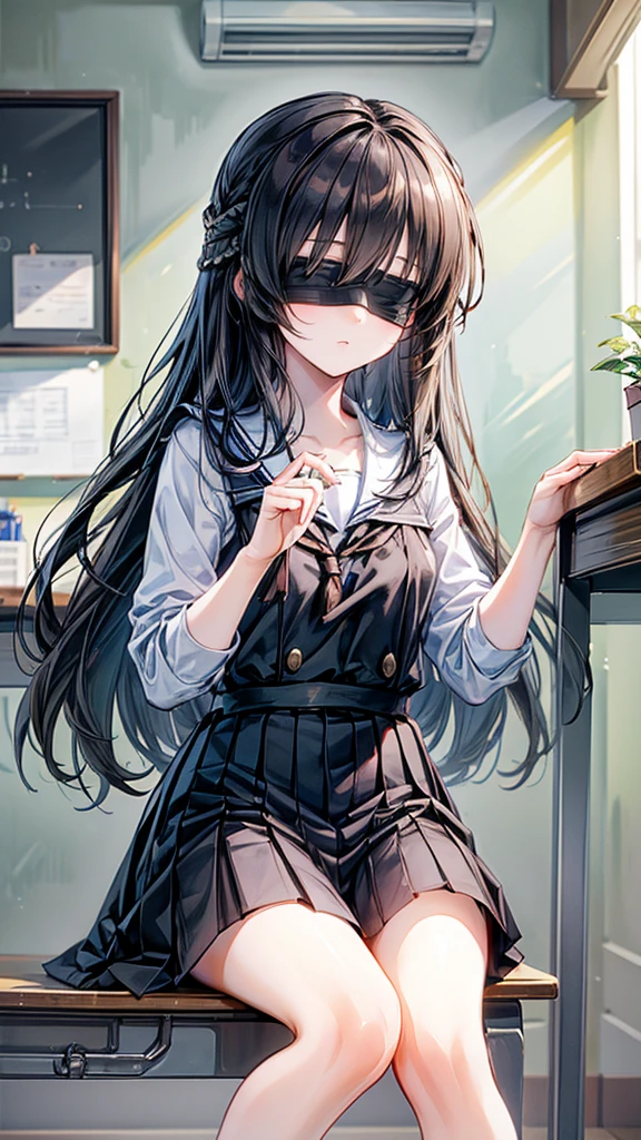 ((True best masterpiece, Ultimately perfect quality, Extremely delicate details)), (Blindfold), A skinny girl with a blindfold, Wearing a school-uniform, Sitting down on the floor of classroom