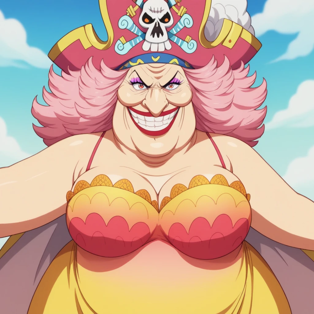 Create an image of a towering and powerful pirate queen with an aura of dominance and chaos. She has wild, flowing pastel-colored pink hair and a wide, menacing grin. Her outfit is flamboyant, featuring a vibrant dress with candy-themed patterns and gold accessories. Her presence is intimidating yet regal, with a massive pirate hat decorated with skull motifs and sweets. The setting is a fantastical candy-themed island under a stormy sky, with giant desserts and swirling clouds in the background. Her expression combines playful mischief with raw authority, and she holds a massive, enchanted sword crackling with energy. Big Mom of One Piece, fat woman, old woman, large nose,