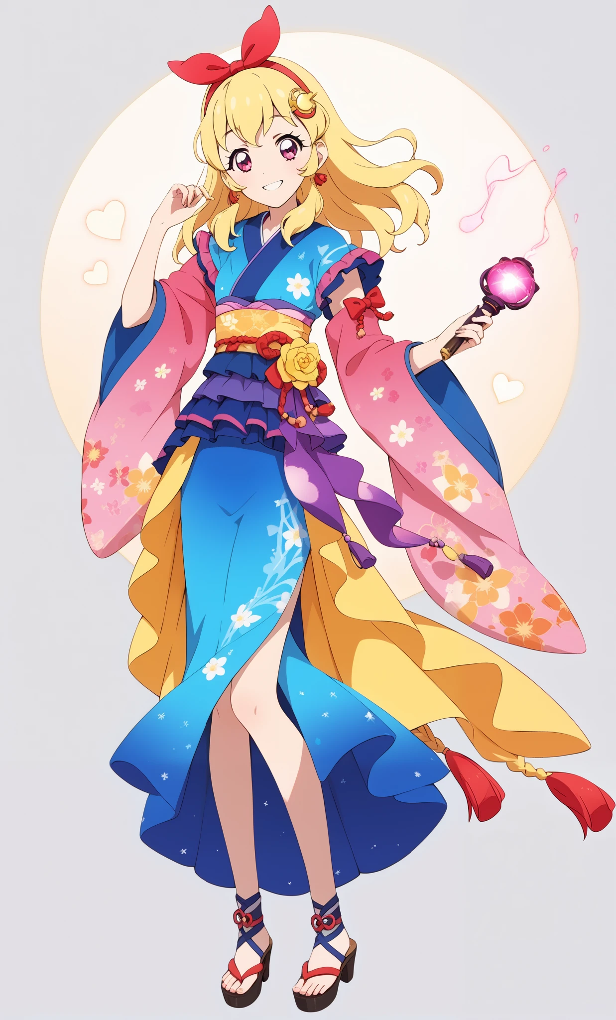 aikatsu,Blonde_HAIR,(RED Ribbon on HAIRband:1.2),masterpiece,best quality,ultra-detailed,super detailed skin,an extremely delicate and beautiful,beautiful detailed eyes,in1, 8K,miniature,(phantom impact),a little smile,dark effect,camellia flower pattern on kimono(black color),full body paint,,hair ornament,((long yellow hair)),geta,glowing ornament,purple glowing electric shocks,glowing skin, hem,obi clip,in the shrine,solar eclipse