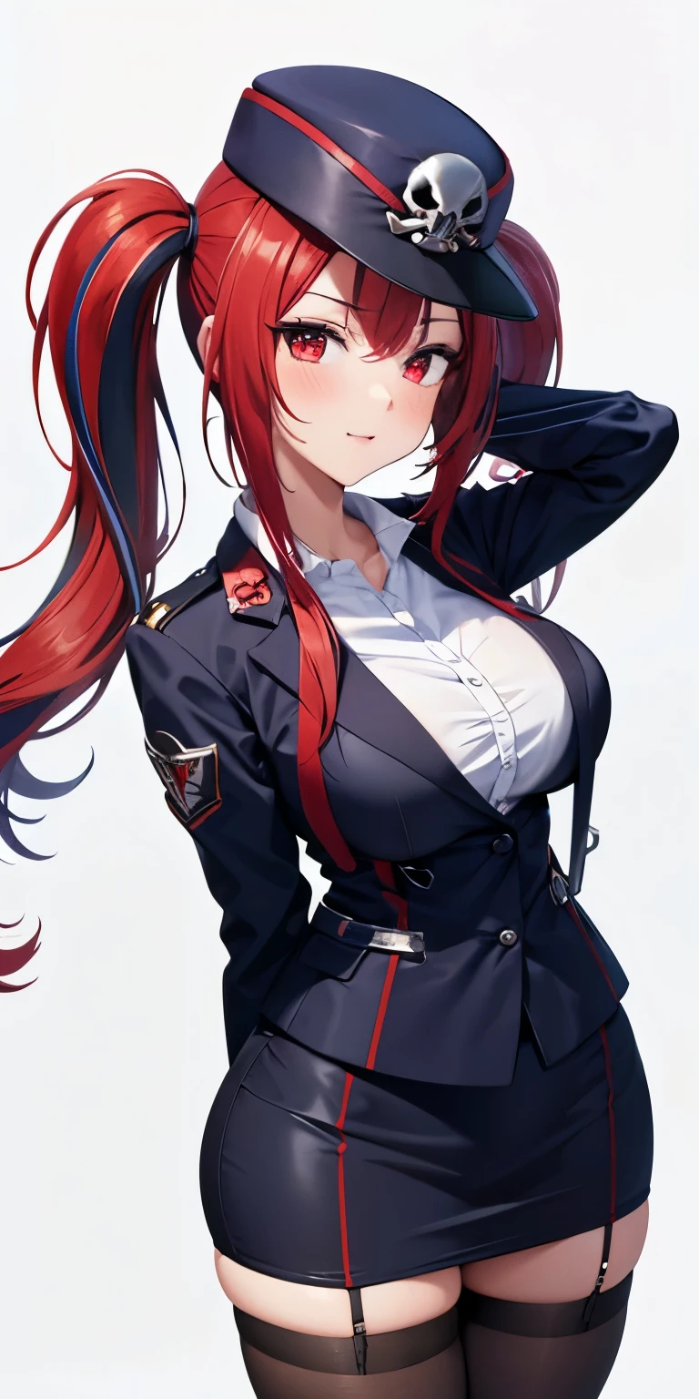 1 Female,High definition,high resolution,Ultra-realistic,8K, 1girl, solo, red hair, red eyes, twintails, employee uniform, pencil skirt, skull print, navy cap, fang, black legwear, white gloves, large breasts,European,sexy,Upper body close-up,Photographed from the front,Dynamic Angles,(blush), (medium tits) , multicolored hair ,(hands on hips)