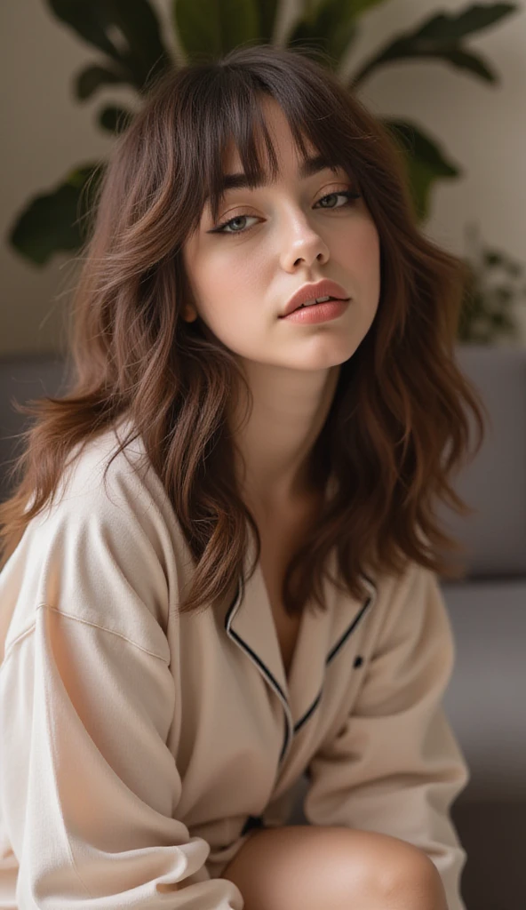 woman with brown hair wolfcut hair style getting ready for bed and wearing comfortable matching pajamas. sitting on a couch looking up at the viewer with a pout.