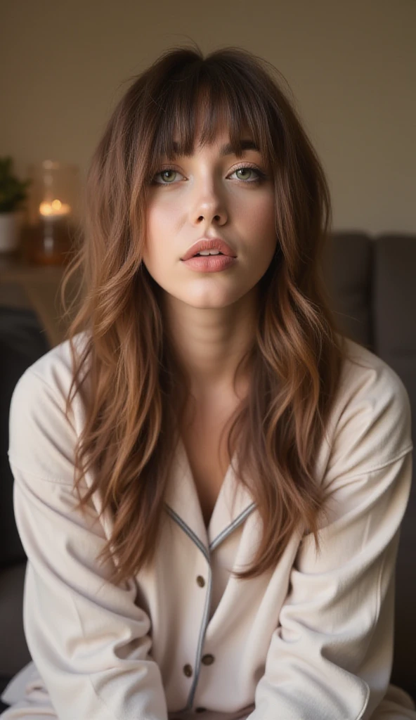 woman with brown hair wolfcut hair style getting ready for bed and wearing comfortable matching pajamas. sitting on a couch looking up at the viewer with a pout.