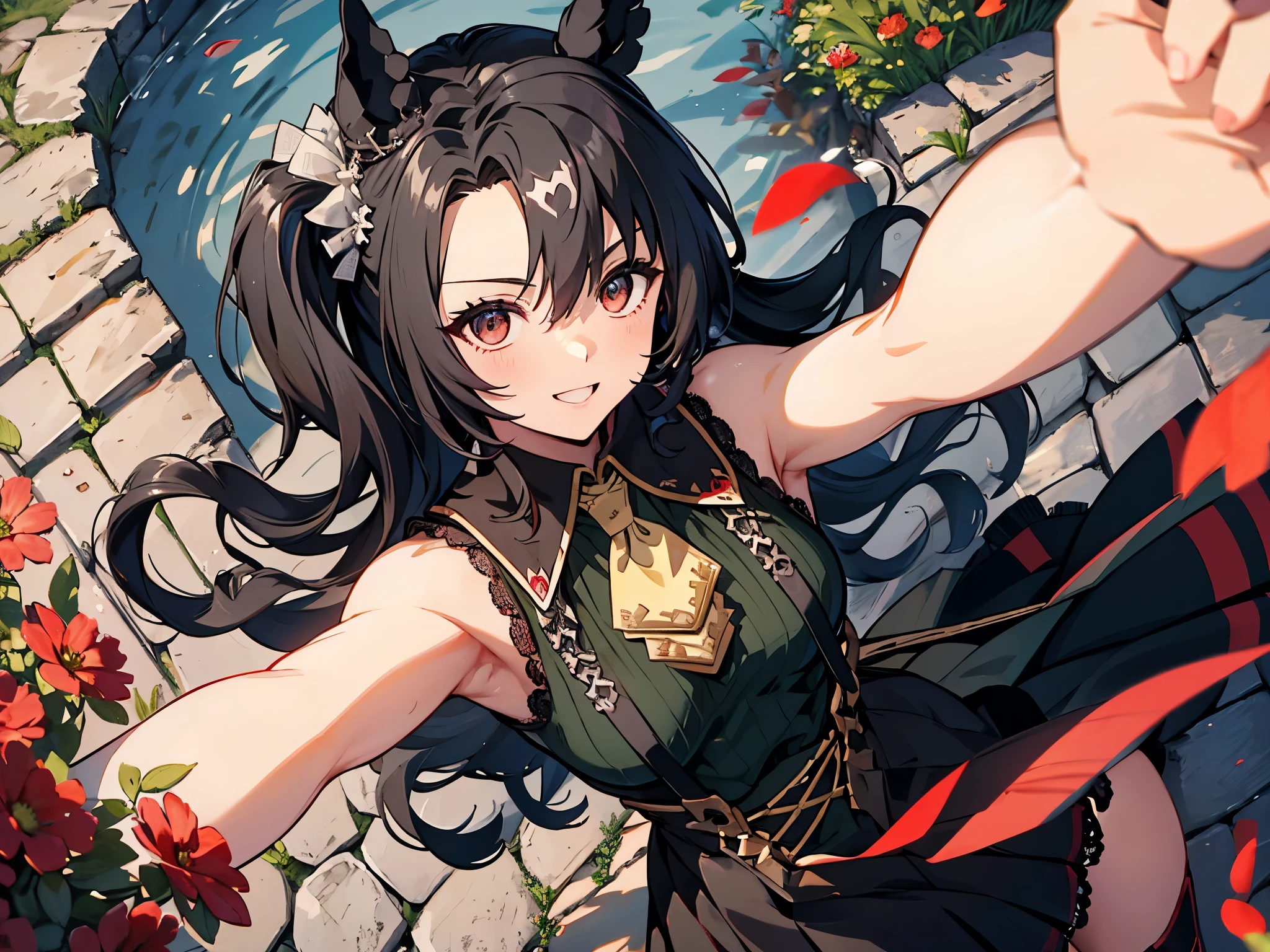 緑の目。Alone, adult female, detailed depiction of weapon, woman with slanted eyes, horse ears, eyes looking up, upper body with exposed armpits, black and red clothing, black see-through from neck to chest, breasts visible through sheer clothing, exposed gums, smiling face, black see-through top, false sleeves, tutu, pants, red high-waisted skirt, white frills, red eyes, windblown hair, voluptuous muscular body, dusk, sunset, red flowers within the castle walls, shot from above