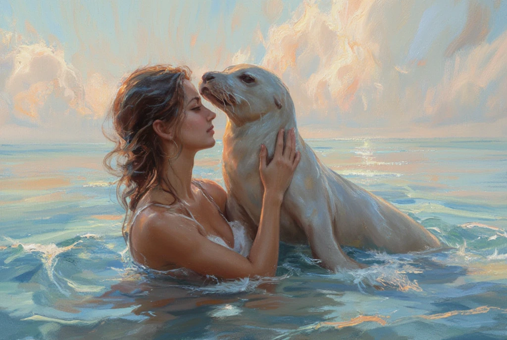 An impressionist-style oil painting illustrating the Sabian Symbol for Aries 1 degree: "A woman rising from the water, embraced by a seal." The scene is bathed in soft, dappled light typical of the impressionist movement, with visible brushstrokes that evoke movement and emotion. The woman is gently emerging from the water, her figure partially illuminated by sunlight filtering through the water’s surface. Her hair is wet and shimmering, blending with the gentle ripples of the water. The seal, with its smooth, glossy fur, rises beside her, its form depicted in soft, yet expressive brushstrokes, tenderly embracing her. The background features a serene, almost ethereal landscape—gentle waves and a pastel-colored sky with fleeting clouds. Use rich, vibrant colors like soft blues, pinks, and oranges, while allowing the texture of the brushwork to convey the fluidity of the water and the warmth of the scene. The painting should evoke a sense of calmness, connection, and renewal, with a dreamlike, almost fleeting quality typical of impressionist works.