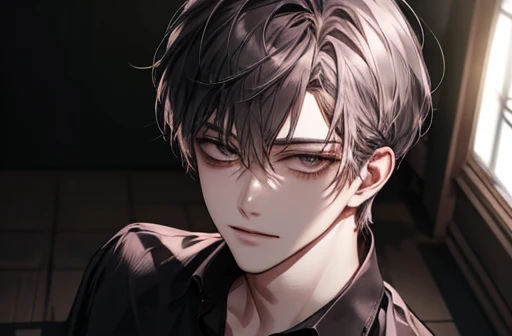 {male}、、{ high image quality}、 Accurate Description 、 handsome、{ dark eyes}、Twisted Smile、 shirt 、{一人のmale}、青い shirt 、Lockを手にもつ、Casual wear、 above her upper body 、In a dark room、{ yandere }、Lockを手に持つ、⛓、Lock