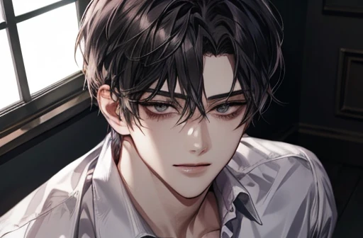 {male}、、{ high image quality}、 Accurate Description 、 handsome、{ dark eyes}、Twisted Smile、 shirt 、{一人のmale}、青い shirt 、Lockを手にもつ、Casual wear、 above her upper body 、In a dark room、{ yandere }、Lockを手に持つ、⛓、Lock