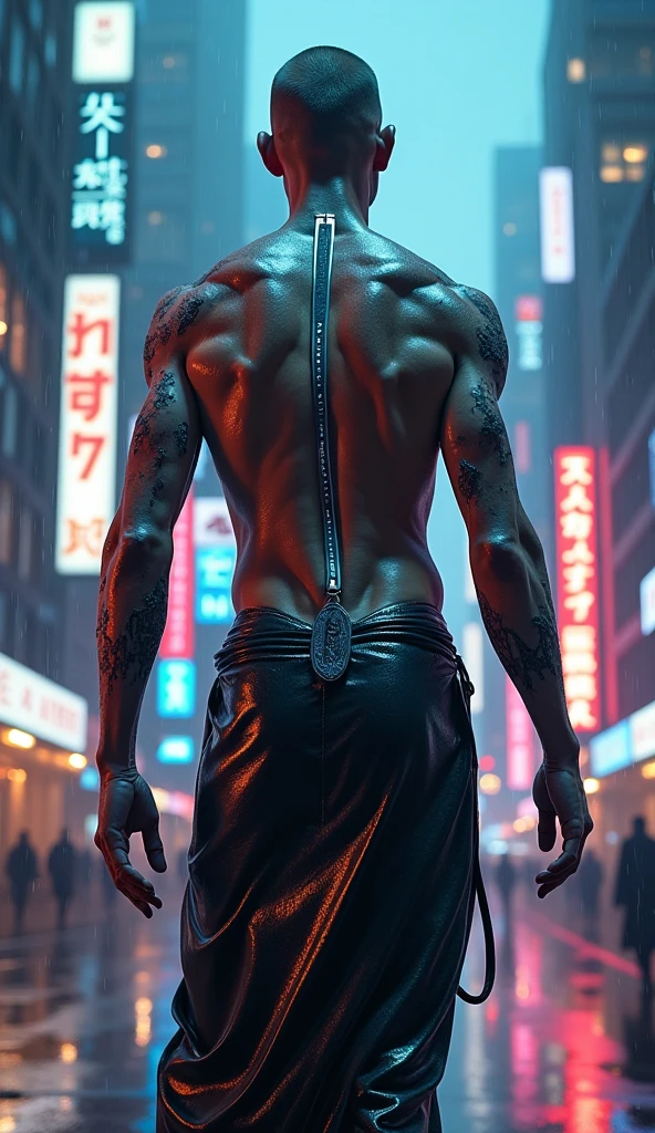 A surreal cyberpunk scene featuring a male figure wearing a futuristic, backless dress. The outfit blends sleek, metallic textures with glowing neon elements, creating a striking contrast. His skin shows zombie-like decay, with exposed muscles and glowing veins, adding a hauntingly beautiful detail. The background is a gritty, neon-lit cyberpunk cityscape, with towering skyscrapers, flickering holograms, and rain-soaked streets reflecting the vibrant colors. The overall atmosphere is eerie and futuristic, with a mix of elegance and decay.