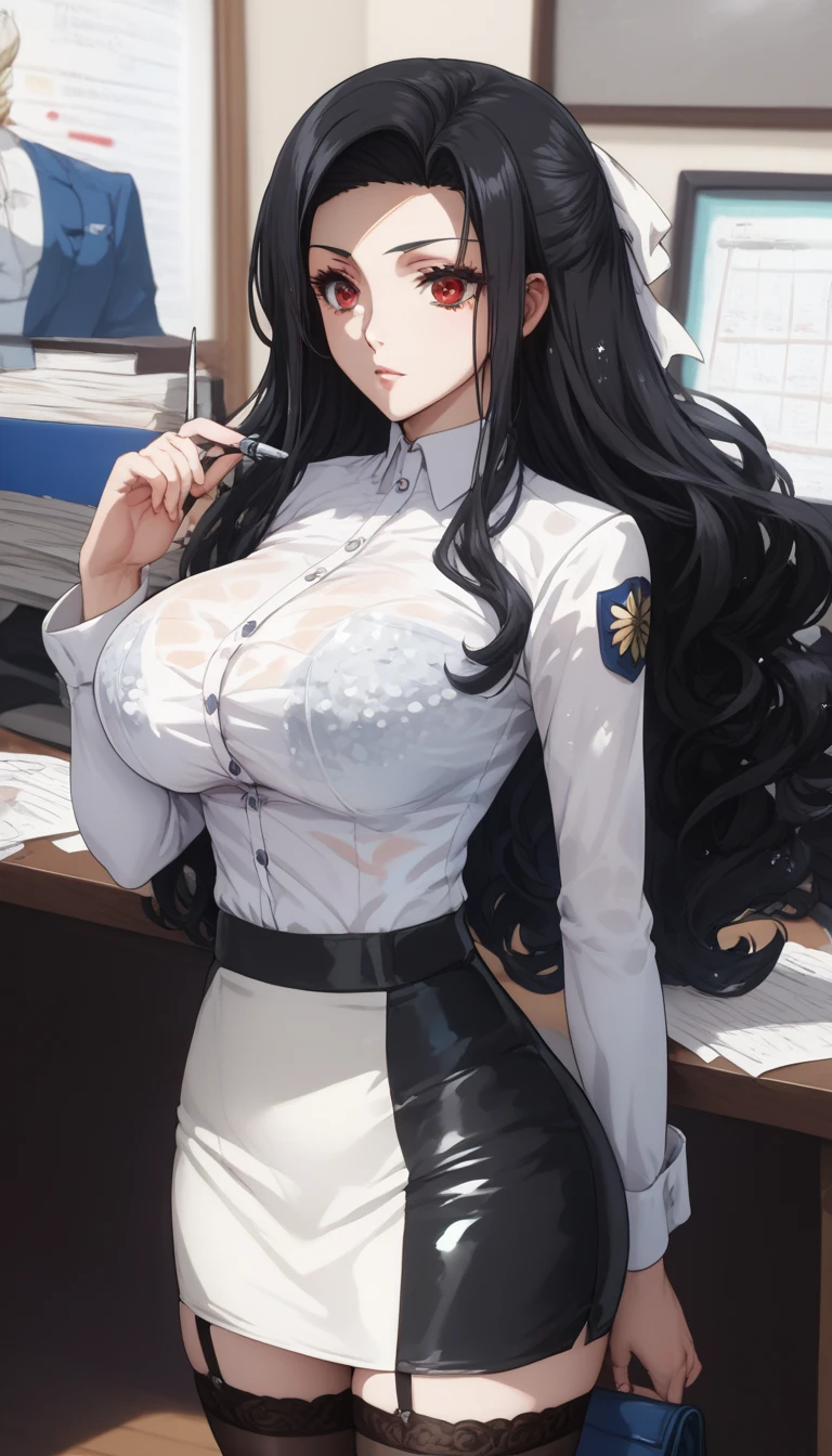 masterpiece, best quality, kumashiro maya, 1girl, solo, breasts, cleavage, long hair, white headband, black hair, parted bangs, blue eyes, looking at viewer, sweat, large breasts, business suit, collared shirt,