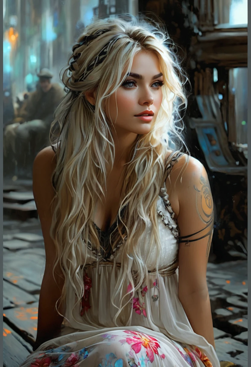 A beautiful romantic girl with long blond hair sits on a bench against the backdrop of a dirty street, turning your head to three quarters, looking away, dressed in a white sundress with a floral print on straps, made of flowing fabric,  Hyperrealistic-surreal and fantasy composition Ideal and dynamic digital painting, portrait of an incredibly beautiful smiling woman, luxurious blonde hair, black light atmosphere, Jose Royo style, Boris Vallejo, Carne Griffithsa, Vadim Kashin, Harrison Fisher, Brian Froud and Jeremy Mann, Epic Setting, black light show, Stedman&#39;s various styles, Hanukkah, Klimt, Bella, Hobby, Newton, Grega Rutkowski, atmospheric, Artstation trend, artgerm, deviant art, octans, masterpiece, Intricate art, details Intricate, Movie poster with matte painting, Golden ratio, Trend of CGsociety, incredibly detailed and incredibly beautiful, high quality 