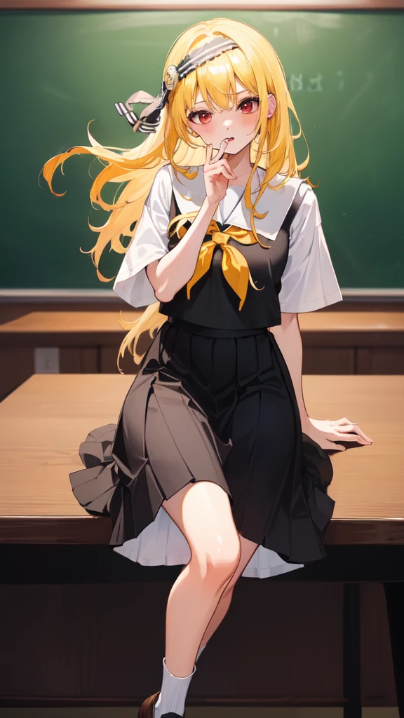 (名傌), ((Best Quality)), (Super Detail), 1 Girl, Blonde Straight Hair, Legs Open at School, Classroom, Desk, Blue Panties, Pubic Hair, Yellow Eyes, 15 Years Old, Skinny Legs, School Uniform, Skirt, Socks, Serafuk, Neckerchief, Sailor Color, Pleated Skirt, White Socks, Black Skirt, Short Sleeves, Shirt, White Shirt, Black Sailor Color, Blue Neckerchief, Wicked Smile, Bangs, Small Breasts, Cleavage, Perfect Hands, Hand Detail, Fixed Fingers, looking_al_Viewer, Top Quality, Rich Detail, Perfect Image Quality,