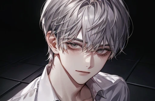 {male}、、{ high image quality}、 Accurate Description 、 handsome、{ dark eyes}、Twisted Smile、 shirt 、{一人のmale}、青い shirt 、Lockを手にもつ、Casual wear、 above her upper body 、In a dark room、{ yandere }、Lockを手に持つ、⛓、Lock、Gray Hair