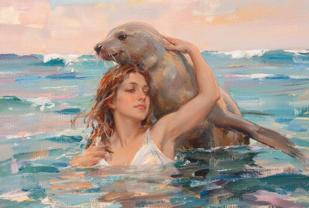 An impressionist-style oil painting illustrating the Sabian Symbol for Aries 1 degree: "A woman rising from the water, embraced by a seal." The scene is bathed in soft, dappled light typical of the impressionist movement, with visible brushstrokes that evoke movement and emotion. The woman is gently emerging from the water, her figure partially illuminated by sunlight filtering through the water’s surface. Her hair is wet and shimmering, blending with the gentle ripples of the water. The seal, with its smooth, glossy fur, rises beside her, its form depicted in soft, yet expressive brushstrokes, tenderly embracing her. The background features a serene, almost ethereal landscape—gentle waves and a pastel-colored sky with fleeting clouds. Use rich, vibrant colors like soft blues, pinks, and oranges, while allowing the texture of the brushwork to convey the fluidity of the water and the warmth of the scene. The painting should evoke a sense of calmness, connection, and renewal, with a dreamlike, almost fleeting quality typical of impressionist works.