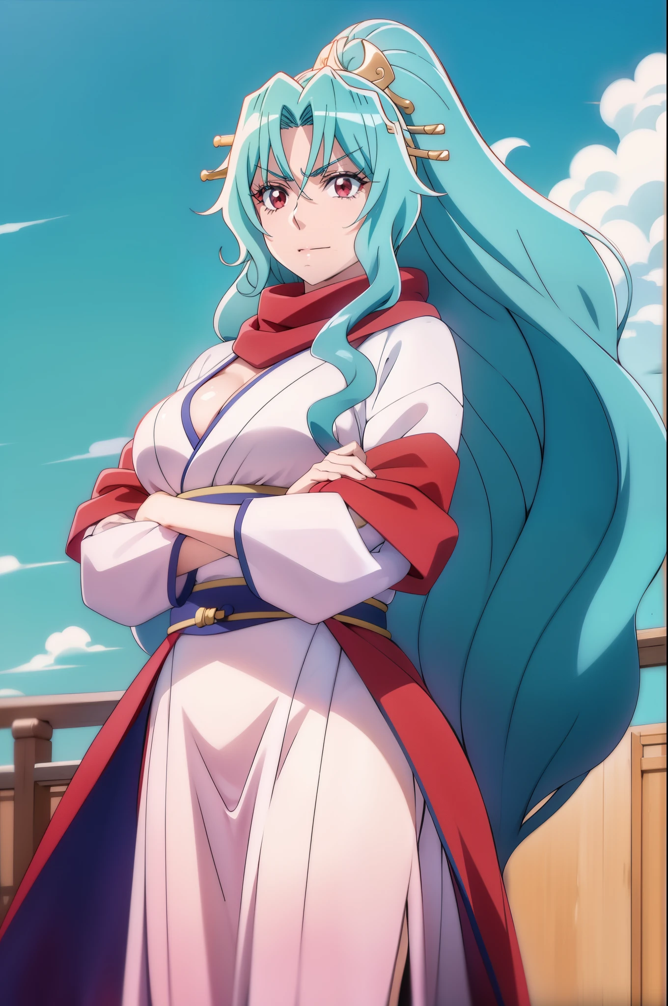 "1 young woman with crimson red eyes, long silky light blue hair, light pink samurai clothing, and a 7th red torn scarf on her neck. She has a calm expression on her face and arms crossed, with a katana resting at her side. Her figure is naturally proportioned, with a balanced, realistic appearance. She exudes a quiet strength, capturing the essence of a samurai warrior."