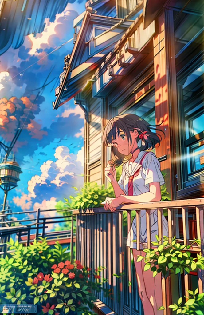 a girl standing on a balcony with a cup of coffee, cgsociety 9, chillhop, alena aenami and artgerm, makoto shinkai and artgerm, lofi girl aesthetic, anime scenery, makoto shinkai and (cain kuga), lofi aesthetic, anime landscape, anime nature, roof background, anime wallaper