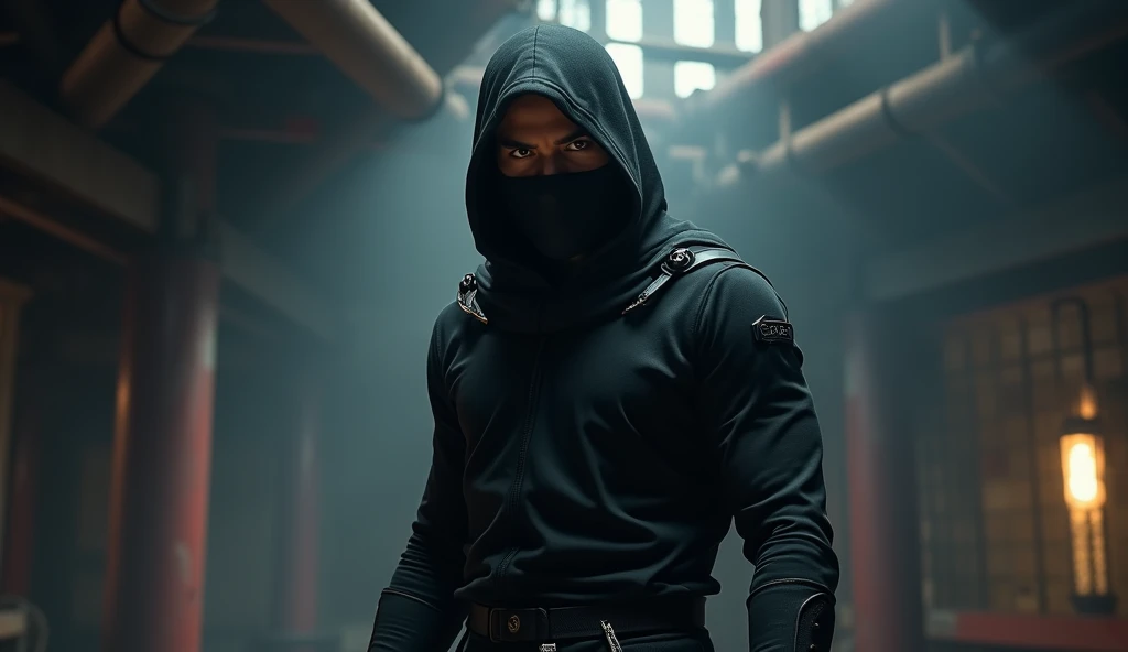 Hooded assassin, face mask, flaming sword
