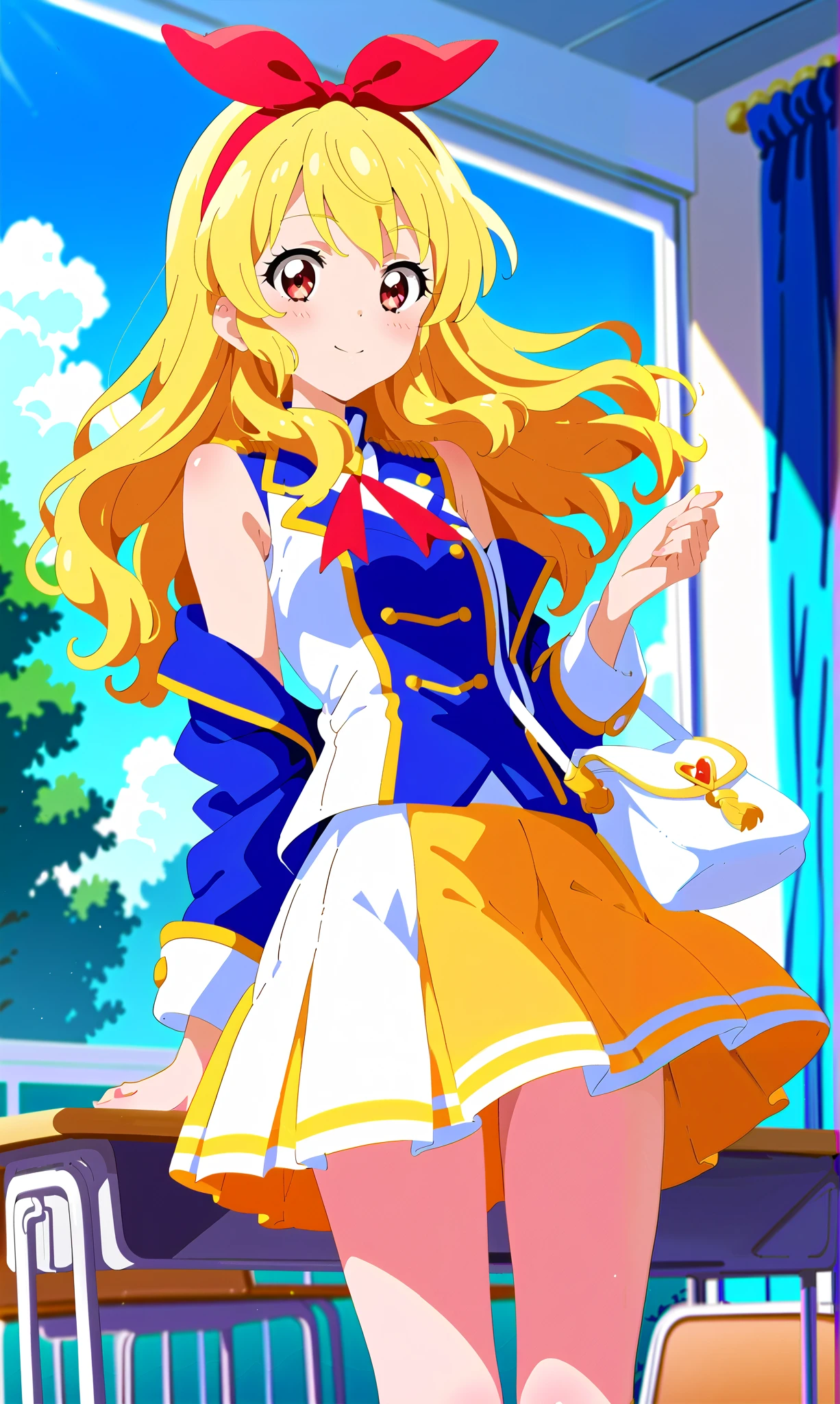 Aikatsu, blonde hair, (red ribbon on hairband: 1.2), masterpiece, top quality, super detailed, super detailed skin, very delicate and beautiful, beautiful detailed eyes, in1, 8K, miniature, Sun Festival marching band uniform Anime image of a girl wearing (Sound! Euphonium), Ichigo Hoshimiya, 1 girl, outdoors, blonde hair, red eyes, (red ribbon on headband: 1.2), blue and white sleeveless jacket, white handbag, solo, looking side, sleeveless, white pleated skirt, white knee boots, classroom, blush, window, blurred background