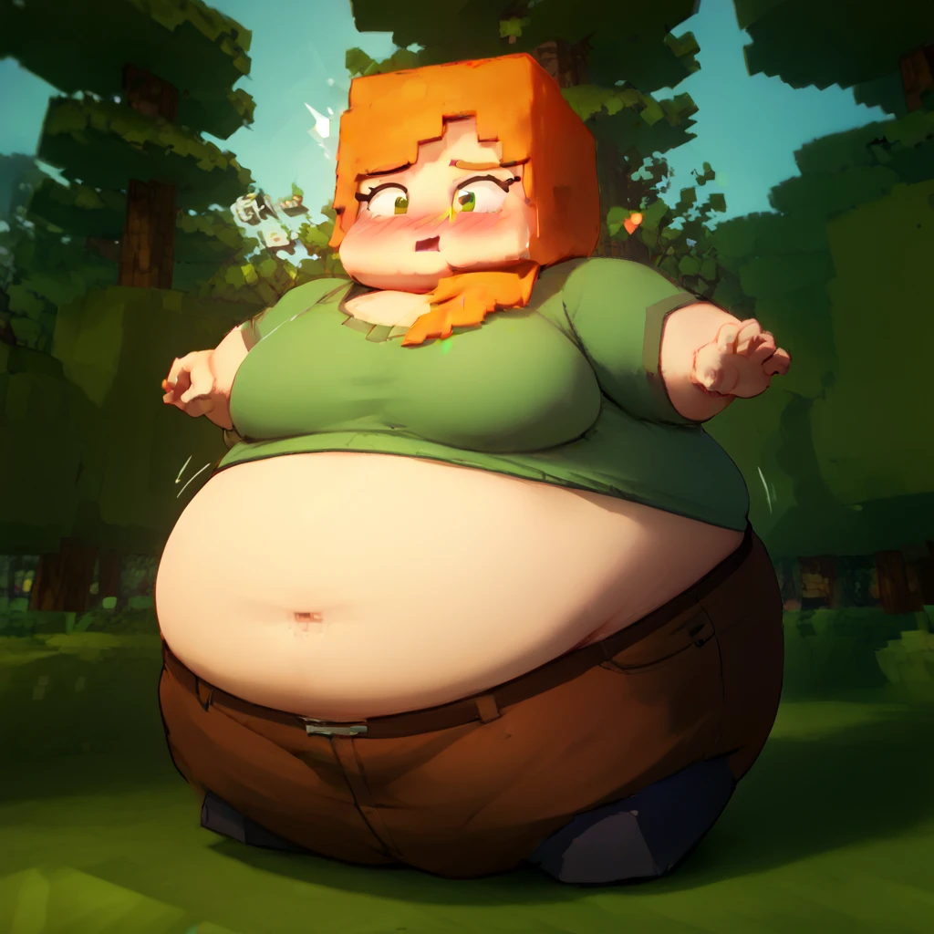 score_9, score_8_up, score_7_up, score_6_up, score_5_up, score_4_up, source_anime, mcAlex, minecraft, orange hair, forest, obese, happy, shocked, blush, balloon body, sunken limbs 