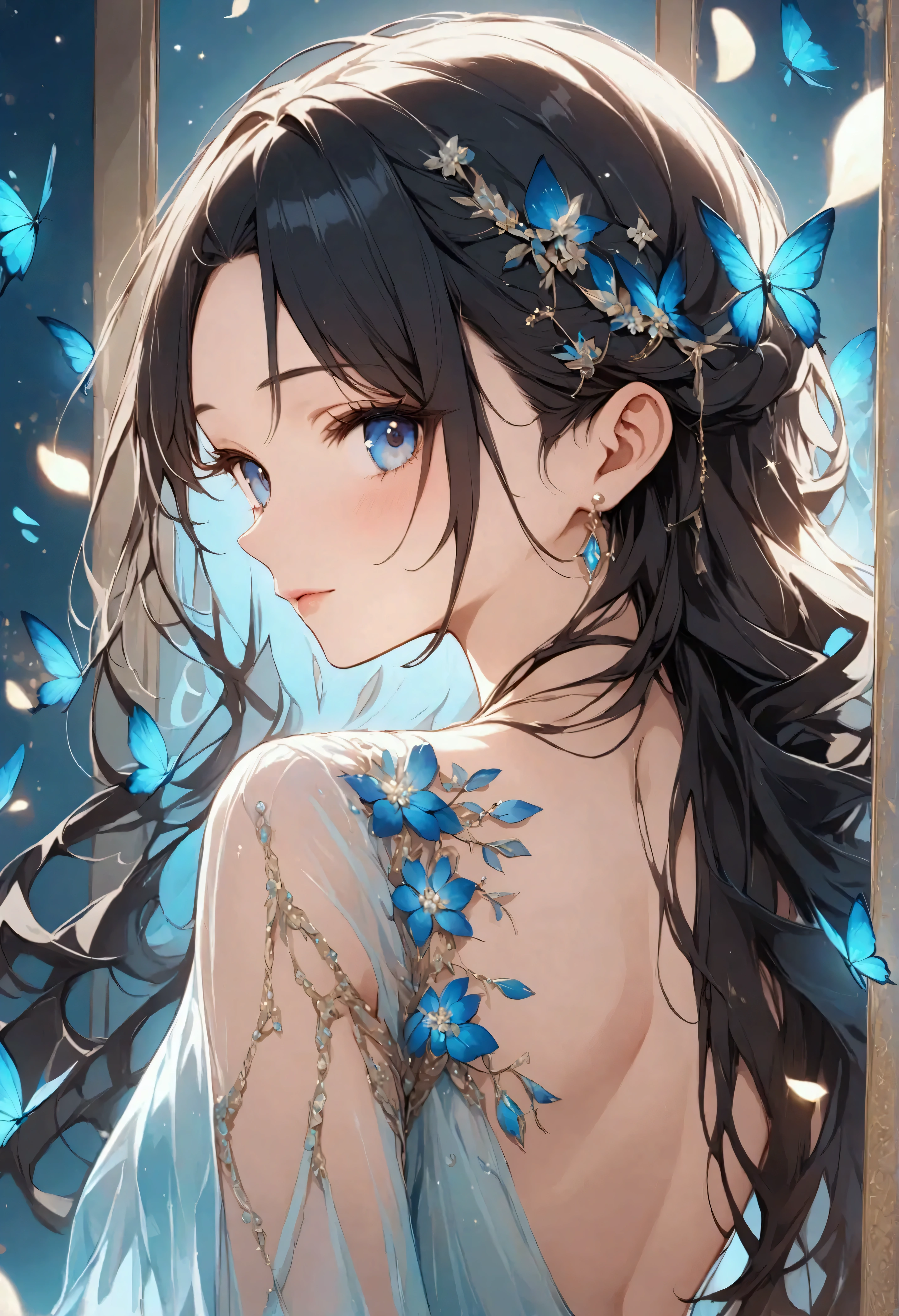 Light effects、Dazzling work、backless dress、whole body、 from behind、 A beautiful blue, clear dress 、 studded with glitter and reflected in light、Black Hair、 long hair 、Secure the back hair with a clip 