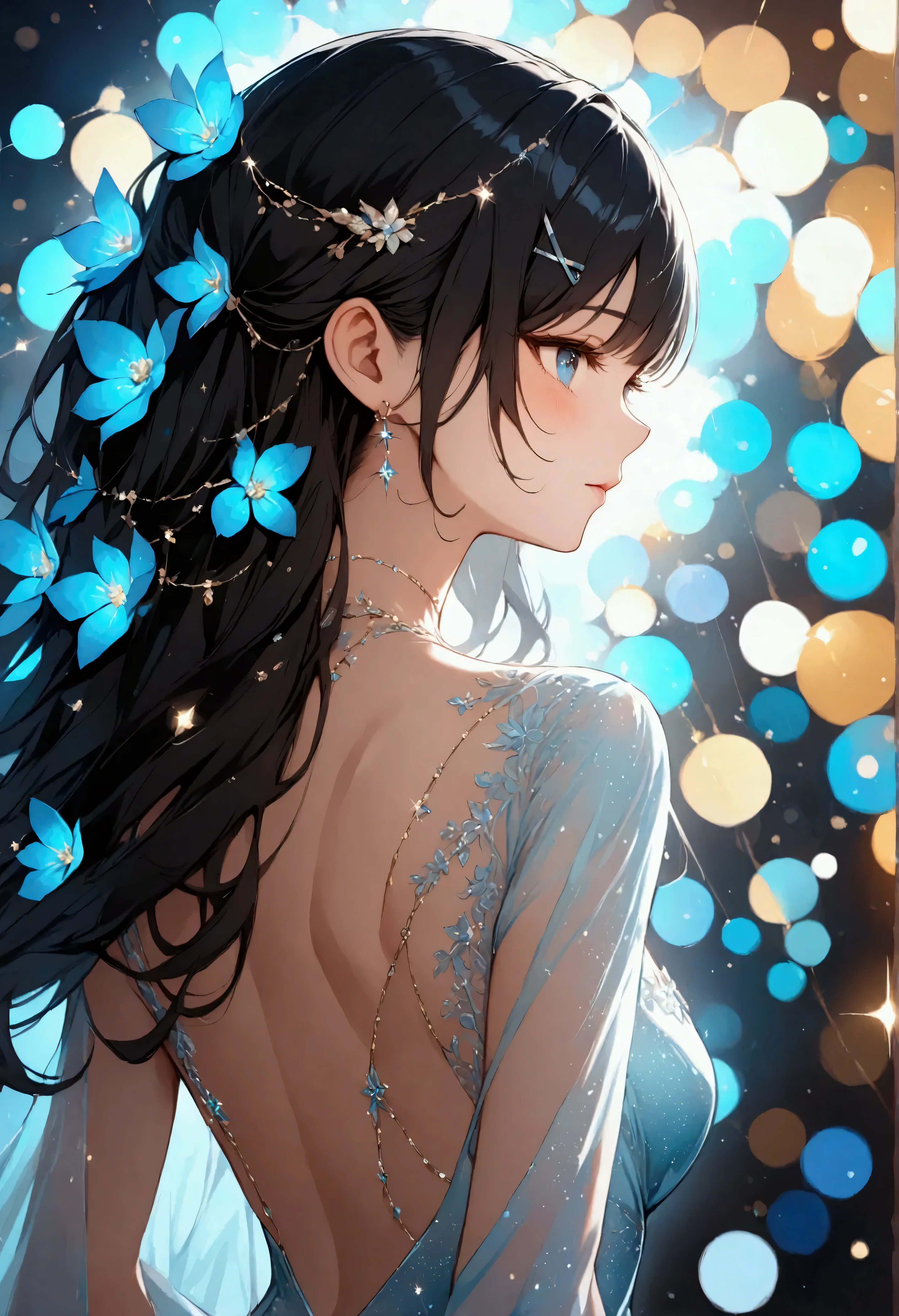 Light effects、Dazzling work、backless dress、whole body、 from behind、 A beautiful blue, clear dress 、 studded with glitter and reflected in light、Black Hair、 long hair 、Secure the back hair with a clip 