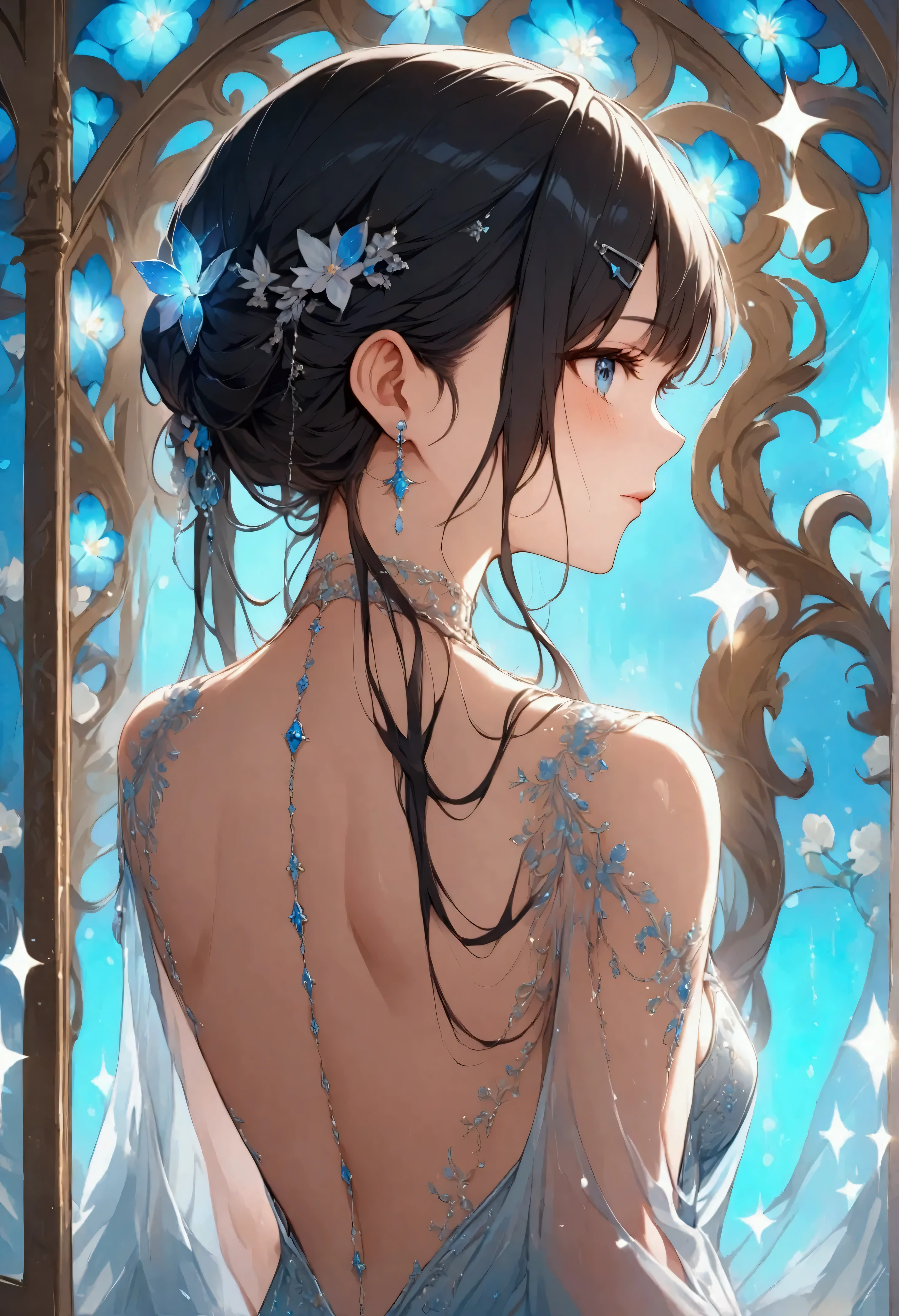 Light effects、Dazzling work、backless dress、whole body、 from behind、 A beautiful blue, clear dress 、 studded with glitter and reflected in light、Black Hair、 long hair 、Secure the back hair with a clip 