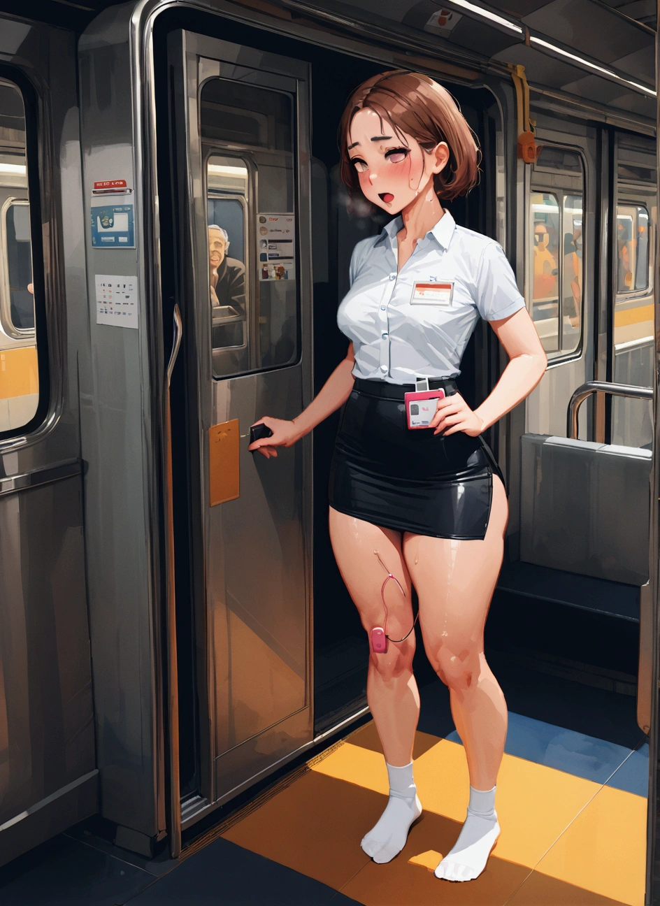  Stairs in the background ,masterpiece,highest quality,high resolution, anatomically correct ,business suit, Short Sleeve Button Down Shirt ,pencil skirt,sweat,barefoot, glowing skin ,ahegao,forehead,Bob,id card,vibrator,male5pers :2.0,,male,surrounded:2.0,smartphone *(( Safe and secure , Safe work , security sensor ,  No problem , Free to view , Safety at work,  work safety , cute girl,  clear and detailed face  (embarrassed, panicking, upturned eyes, full-face blush, open mouth,  parted lips :1.3) , best shadows,  vibrant colors, watercolor, ghibli style, Wide angle,  vibrant colors, watercolor, juicy thighs,  round buttocks, thick thighs, Big butt, small sized breast, big dips, small waist, slim arms, brown eyes. BREAK ( corrections ),  perfect body proportions . 3/4 white socks, (sfw), photo realistic ,  masterpiece, ( best quality:1.3), absurdo, [:intricate details1.3], sfw,  realistic ,  masterpiece, masterpiece, highest quality, high quality, ultra high quality, depth of field, 4k, high quality, shame level : 1.4,  pleasure level : 1.4, full body on stage, more environment view, long distance shot, (((detailed scenario , Detailed Background))), (superplano,  flat shade ,  flat colors ), ( masterpiece,  best quality)* ( best quality, High resolution), pixel art,  vibrant colors,  Nostalgic atmosphere ,  Immersive gameplay , 16-bit graphics, controles perfectos de píxeles,  Pixel art . (sfw), ((photo realistic )), ( masterpiece), ( best quality:1.3), absurdo, [:intricate details1.3], sfw,  realistic ,  masterpiece, ((( Detailed scenario of the interior of the VERY busy subway train,  Detailed background of the interior of the busy subway train ))), stying insanely hot (1) using sexy ((skirt)), ((behind skirt lifted)), ((3/4 white socks)), ((big ass)), (( thick thighs )), ((/expresión de sorpresa)), ( blushed face), ( perfect body proportions )),  old man small ass groping jo 
