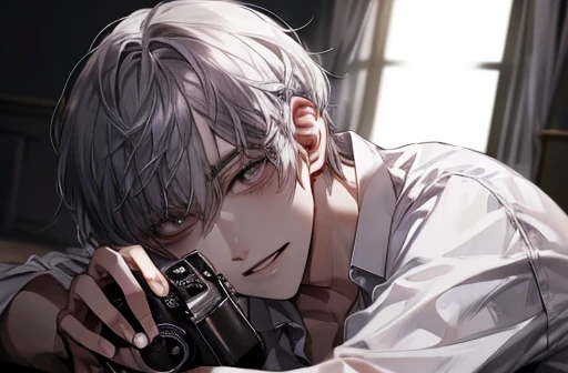 {male}、、{ high image quality}、 Accurate Description 、 handsome、{ dark eyes}、Twisted Smile、 shirt 、{一人のmale}、青い shirt 、Lockを手にもつ、Casual wear、In a dark room、{ yandere }、Lockを手に持つ、⛓、Lock、Gray Hair、camera up to the waist、 backlit、手にSmartphoneホを持つ、Sexy、 sexy、Camera up a little、 high image quality、Madness、Sexy、Smartphone{smartphone}、 Face Up、 lower angle、{best}