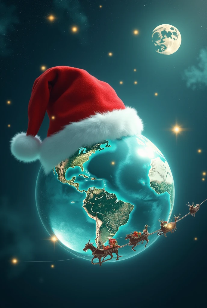 futuristic, digital, a large red Santa hat, complete with a fluffy white trim, perched atop a bright, transparent glowing blue-green planet, the crystal earth. 

the floating Earth is in nighttime with brightly lit cities across the continents. Above the image, the words Merry Christmas & Happy New Year 2025 appears in a glowing, elegant font, blending seamlessly with the cosmic theme. 
Beneath the floating planet, floating earth, the tiny silhouette of horned animals pulls a classic sleigh filled with wrapped gifts, with someone sitting on it, seemingly Santa Claus, soaring across the planet's surface.. Background is cosmic, galaxy, milky way with planets of varying sizes, including Jupiter, Saturn, and others, with the Moon in the upper right third of the photo, enhancing the beauty of the earth - the main subject of the photo, glowing brightly with a radiant and sparkling effect, glowing fairy lights are scattered throughout the design