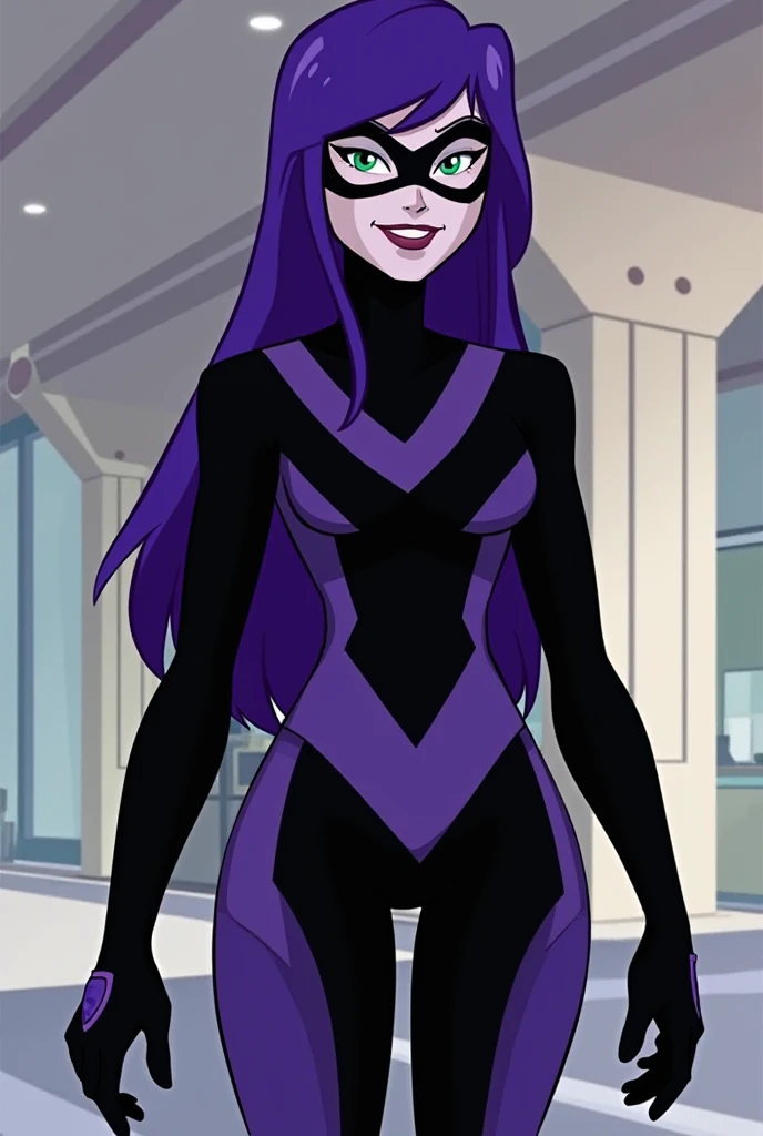 Slapstick,a cartoon Marvel Comics character,femboy,skinny,long hair,purple hair,androgynous,male focus,flat chest,white pale skin,toon,yellow eyes,a goofy physique, clown,elegant suit,inspired by the style of The Mask comics/Bill Sienkiewicz, 90’s comics, masterfully rendered with exceptional detail and cartoony, vivid colors, and funky lighting.