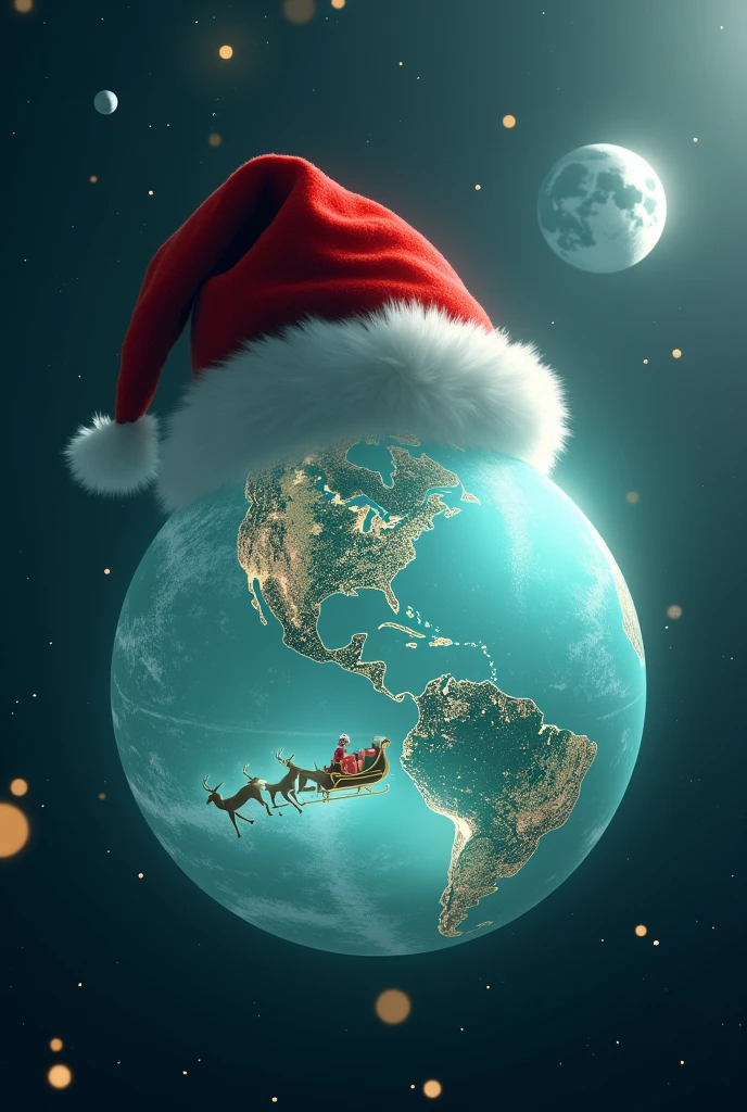 futuristic, digital, a large red Santa hat, complete with a fluffy white trim, perched atop a bright, transparent glowing blue-green planet, the crystal earth. 

the floating Earth is in nighttime with brightly lit cities across the continents. Above the image, the words Merry Christmas & Happy New Year 2025 appears in a glowing, elegant font, blending seamlessly with the cosmic theme. 
Beneath the floating planet, floating earth, the tiny silhouette of horned animals pulls a classic sleigh filled with wrapped gifts, with someone sitting on it, seemingly Santa Claus, soaring across the planet's surface.. Background is cosmic, galaxy, milky way with planets of varying sizes, including Jupiter, Saturn, and others, with the Moon in the upper right third of the photo, enhancing the beauty of the earth - the main subject of the photo, glowing brightly with a radiant and sparkling effect, glowing fairy lights are scattered throughout the design