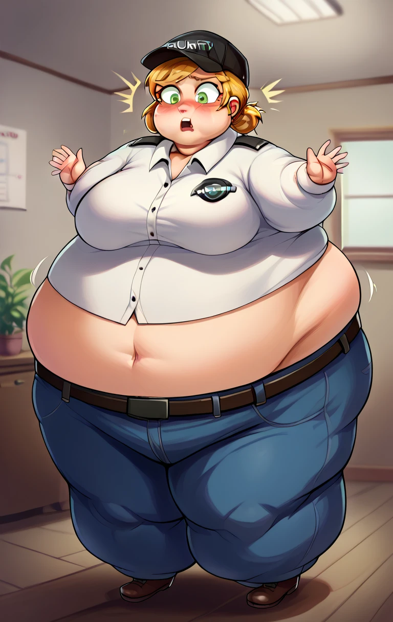 score_9,score_8_up,score_7_up BREAK vanessaSDXL,1girl,solo,short hair,blonde hair,shirt,hat,green eyes,belt,pants,uniform,police,police uniform,room,room background, obese, shocked, blush, balloon body, sunken limbs 