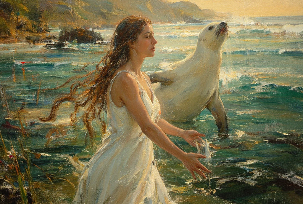 A breathtaking oil painting in the style of the Pre-Raphaelite Brotherhood, illustrating the Sabian Symbol for Aries 1 degree: "A woman rising from the water, embraced by a seal." The scene takes place on a serene, dramatic coastline, where the sea stretches endlessly toward the horizon. The woman is depicted with long, wet hair, emerging from the ocean, wearing a simple yet beautiful white dress that clings to her form as it glistens with droplets of seawater. Her expression is tranquil and serene, embodying a sense of purity and new beginnings. Beside her, a white seal rises from the water, its fur radiant and smooth, almost glowing in the soft light. The seal gently wraps its flippers around the woman, embracing her with tenderness and care. The waves crash softly against the shore, creating a sense of movement and connection with the sea. The beach in the background is lush with greenery and dotted with wildflowers, adding to the scene’s dreamlike, symbolic quality. The light is soft and golden, casting a warm glow across the scene, while the water shimmers in shades of aquamarine and pale turquoise. The rich, jewel-toned colors typical of the Pre-Raphaelite style bring depth to the scene, with vibrant greens and blues contrasting with the white of the dress and the seal. This painting should evoke themes of rebirth, harmony with nature, and the tender bond between the woman and the seal, all rendered with exquisite detail and the symbolic richness of the Pre-Raphaelite tradition.