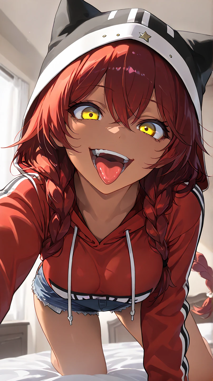 ,  High Quality , 最 High Quality , masterpiece,  high res, detailed face , anatomically correct , 
 yellow eyes,  red hair,  braids,,  in a swimsuit , 1 girl, solo, Dark Skin, brown skin, adult woman, Beautiful Women,Beauty,
,bedroom,On the bed
tops( Red Hoodie ),short denim
close-up , from your hand and direct your gaze, Medium build,accurate, slightly larger breasts,
lying face down on the bed , pretty limp ,
 open her mouth ,Up to the thighs,Draw her in a larger size,Crazy look, mischievous face ,tongue, staring at me , frowns, staring with thin eyelids,Eyes on garbage, contemptuous eyes ,  protrudes from the screen,  part of the picture sticks out of the frame,  wearing a black beast ear hat , lower angle 
