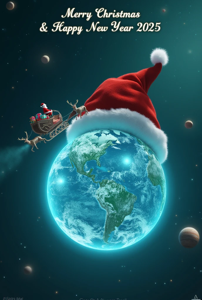 futuristic, digital, a large red Santa hat, complete with a fluffy white trim, perched atop a bright, transparent glowing blue-green planet, the crystal earth. 

the floating Earth is in nighttime with brightly lit cities across the continents. Above the image, the words Merry Christmas & Happy New Year 2025 appears in a glowing, elegant font, blending seamlessly with the cosmic theme. 
Beneath the floating planet, floating earth, the tiny silhouette of horned animals pulls a classic sleigh filled with wrapped gifts, with someone sitting on it, seemingly Santa Claus, soaring across the planet's surface.. Background is cosmic, galaxy, milky way with planets of varying sizes, including Jupiter, Saturn, and others, with the Moon in the upper right third of the photo, enhancing the beauty of the earth - the main subject of the photo, glowing brightly with a radiant and sparkling effect, glowing fairy lights are scattered throughout the design