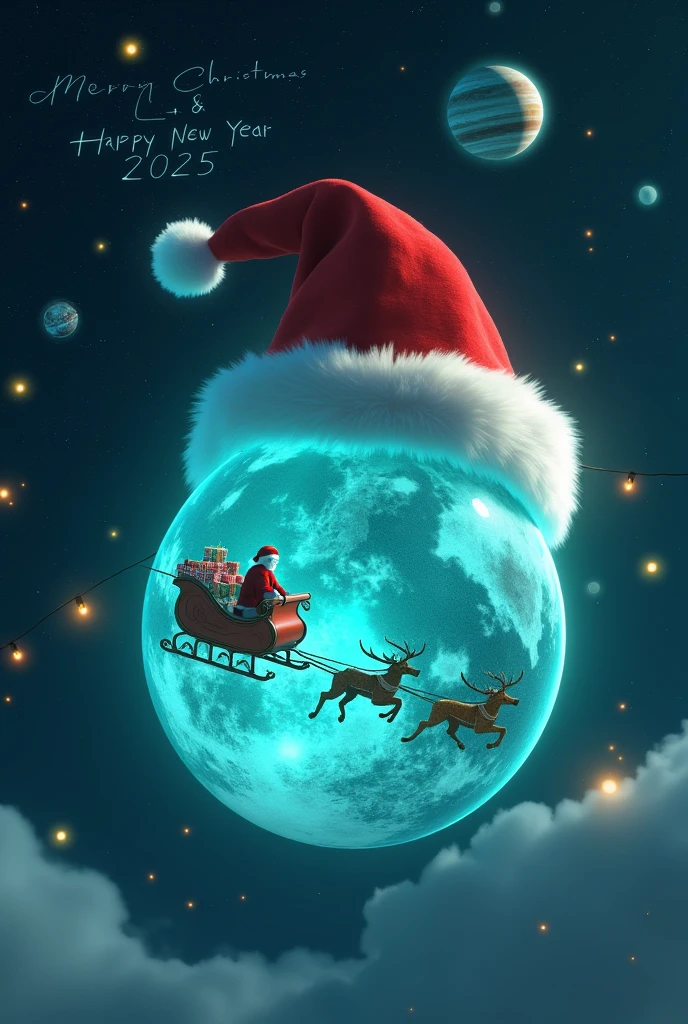 futuristic, digital, a large red Santa hat, complete with a fluffy white trim, perched atop a bright, transparent glowing blue-green planet, the crystal earth. 

the floating Earth is in nighttime with brightly lit cities across the continents. Above the image, the words Merry Christmas & Happy New Year 2025 appears in a glowing, elegant font, blending seamlessly with the cosmic theme. 
Beneath the floating planet, floating earth, the tiny silhouette of horned animals pulls a classic sleigh filled with wrapped gifts, with someone sitting on it, seemingly Santa Claus, soaring across the planet's surface.. Background is cosmic, galaxy, milky way with planets of varying sizes, including Jupiter, Saturn, and others, with the Moon in the upper right third of the photo, enhancing the beauty of the earth - the main subject of the photo, glowing brightly with a radiant and sparkling effect, glowing fairy lights are scattered throughout the design