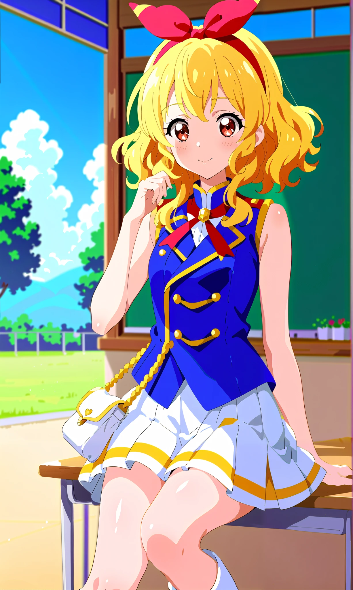 Aikatsu, blonde hair, (red ribbon on hairband: 1.2), masterpiece, top quality, super detailed, super detailed skin, very delicate and beautiful, beautiful detailed eyes, in1, 8K, miniature, Sun Festival marching band uniform Anime image of a girl wearing (Sound! Euphonium), Ichigo Hoshimiya, 1 girl, outdoors, blonde hair, red eyes, (red ribbon on headband: 1.2), Sun Festival marching band uniform sleeveless jacket, white handbag, solo, looking side, sleeveless, white pleated skirt, white knee boots, classroom, blush, window, blurred background