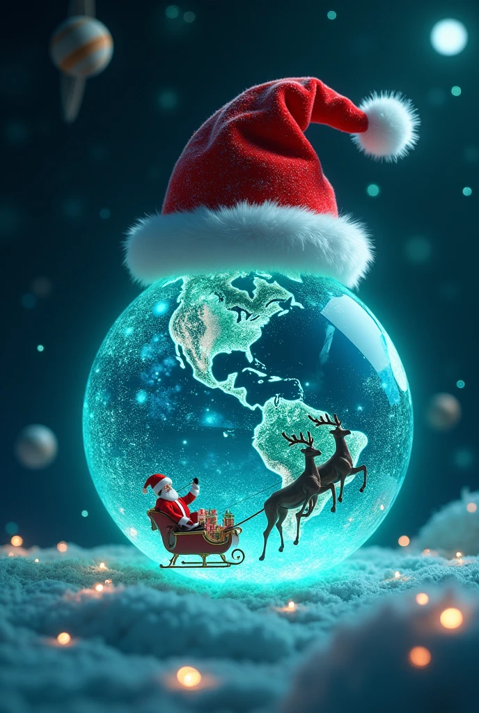 futuristic, digital, a large red Santa hat, complete with a fluffy white trim, perched atop a bright, transparent glowing blue-green planet, the crystal earth. 

the floating Earth is in nighttime with brightly lit cities across the continents. Above the image, the words Merry Christmas & Happy New Year 2025 appears in a glowing, elegant font, blending seamlessly with the cosmic theme. 
Beneath the floating planet, floating earth, the tiny silhouette of horned animals pulls a classic sleigh filled with wrapped gifts, with someone sitting on it, seemingly Santa Claus, soaring across the planet's surface.. Background is cosmic, galaxy, milky way with planets of varying sizes, including Jupiter, Saturn, and others, with the Moon in the upper right third of the photo, enhancing the beauty of the earth - the main subject of the photo, glowing brightly with a radiant and sparkling effect, glowing fairy lights are scattered throughout the design