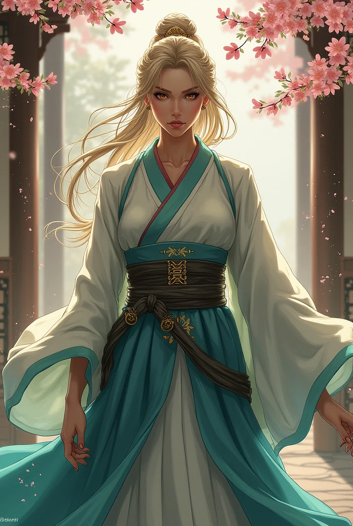 (masterpiece), HD Hanfu women, European and American face, Perfect face, Long blond hair, blue eyes, Very charming.
