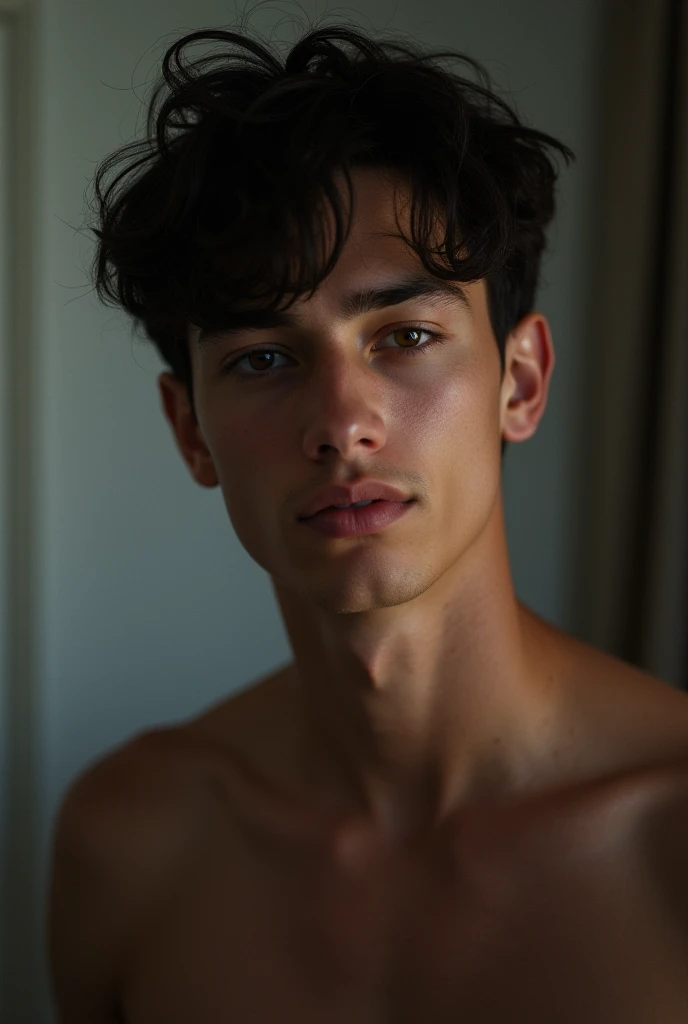 portrait of a young MAN light brown skin, sensual lips, wavy short hair, dark bright eyes, innocent and sensual expression, (shaved), natural lights, detailed face and eyes, a few moles on the face, 8k, hd, sharp focus, professional, best quality, realistic male portrait, man, LATINO