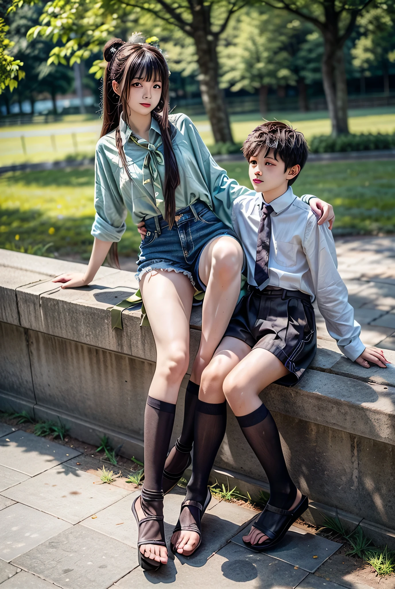 masterpiece, anime, cute, romantic, best quality, 2 others, couple, mature, adult, height difference, different fashions, different colors, casual wear, long sleeves, smile, happy, love, whirlwind, blue sky, long hair man, light brown hair man, black hair woman, long hair woman, long hair, (round face: 1.5), (light gray-green shirt, off-white hip skirt), dawn sun --auto --s2