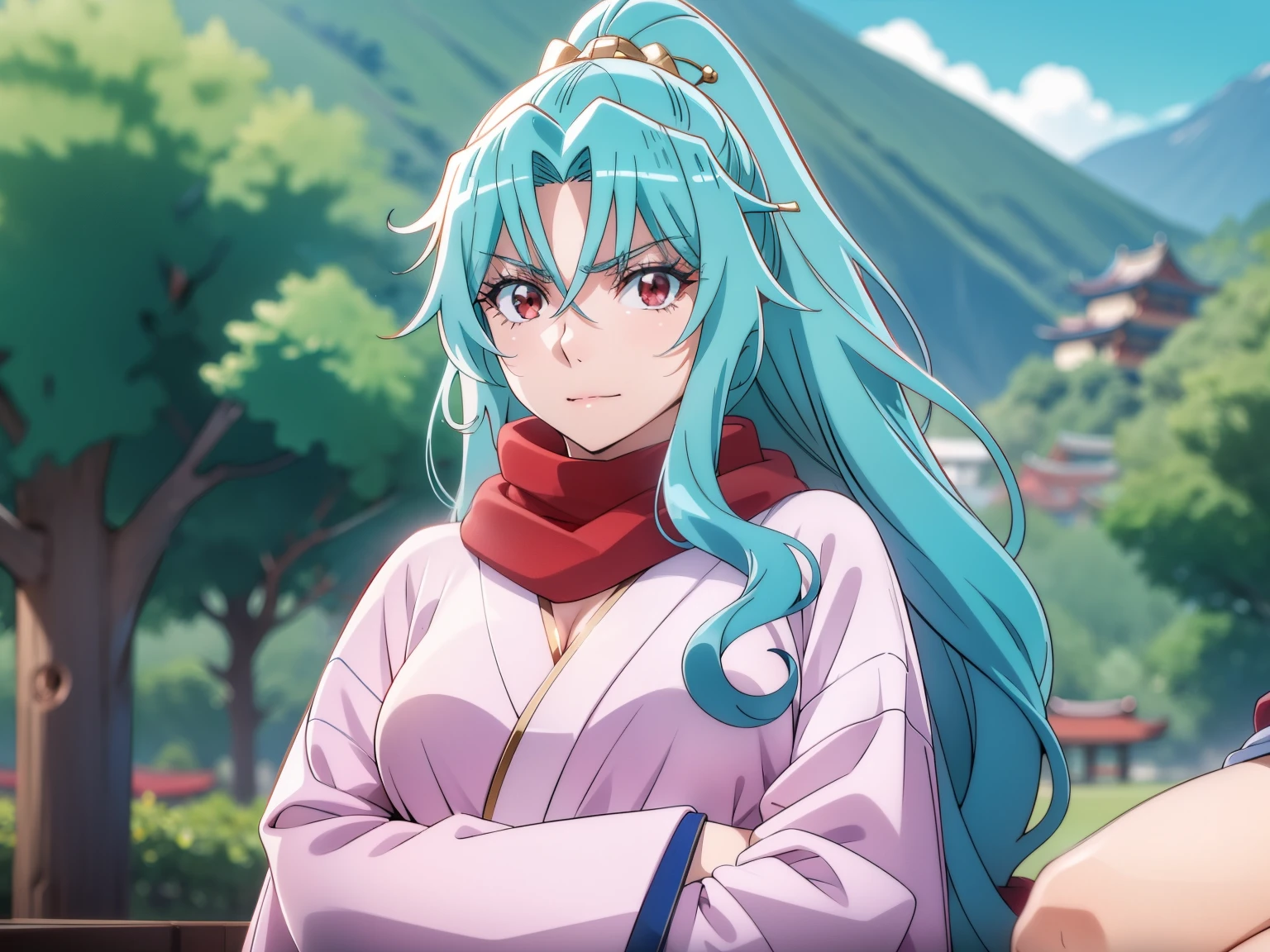 "1 young woman with crimson red eyes, long silky light blue hair, light pink samurai clothing, and a 7th red torn scarf on her neck. She has a calm expression on her face and arms crossed, with a katana resting at her side. Her figure is naturally proportioned, with a balanced, realistic appearance. She exudes a quiet strength, capturing the essence of a samurai warrior."