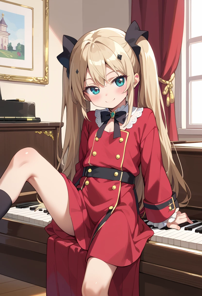 (( top quality )), ((masterpiece)), (be familiar with), perfect face, indoor, bedroom,  viewers because it's Shiragane in the middle of winter,
One woman, Krull Tepesi ,
開いた口,  ecstatic expression beside the piano, blush, smile,
 small ,  flat chest, Young girl, Lori,  kids,  girl,
 long hair,  twin tails,
Leg spread,