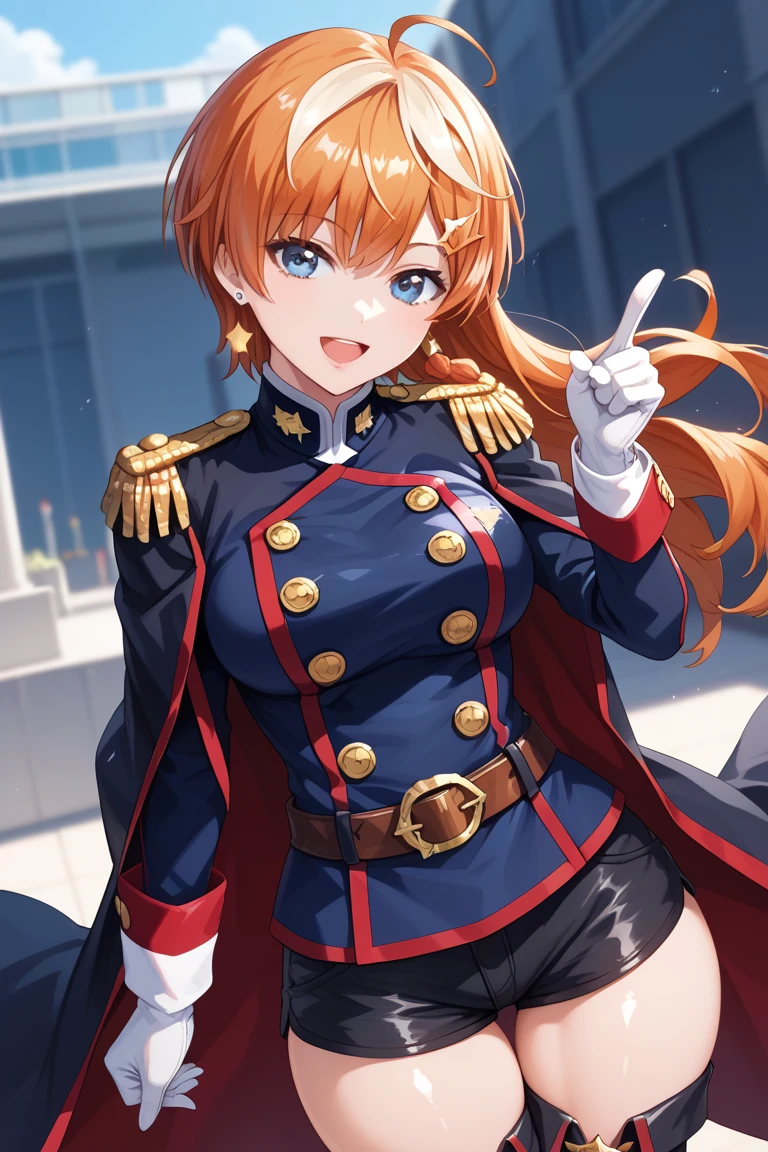 1 girl, alone, looking at viewer, smile, long hair, open mouth, blue eyes, reddish-orange hair with a choker and two star-shaped hair clips, high thighs, gloves, jewelry, earrings, shorts, belt, black thigh highs, white gloves, uniform, military, military uniform, thigh high boots, black shorts, pointing, Itsuki Nakano,IzumoTenka, short hair, single earring, military uniform, black coat, epaulettes, buttons, white gloves, brown belt, black shorts, thigh boots, ,nakano Itsuki ,long hair ,anime coloring ,masterpiece,best quality,super fine illustration,shiny skin,detailed skin,an extremely cute and beautiful ,star hair ornament, ahoge